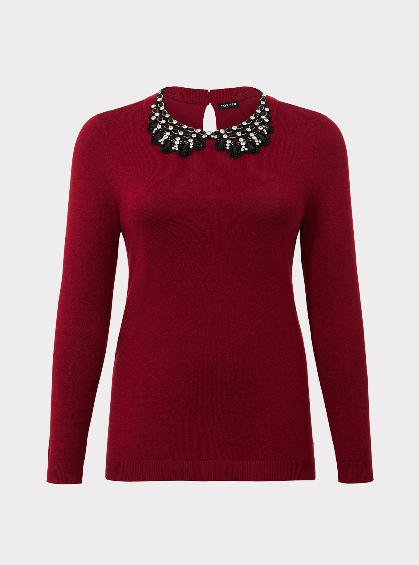 Red Embellished Pullover, RED, hi-res