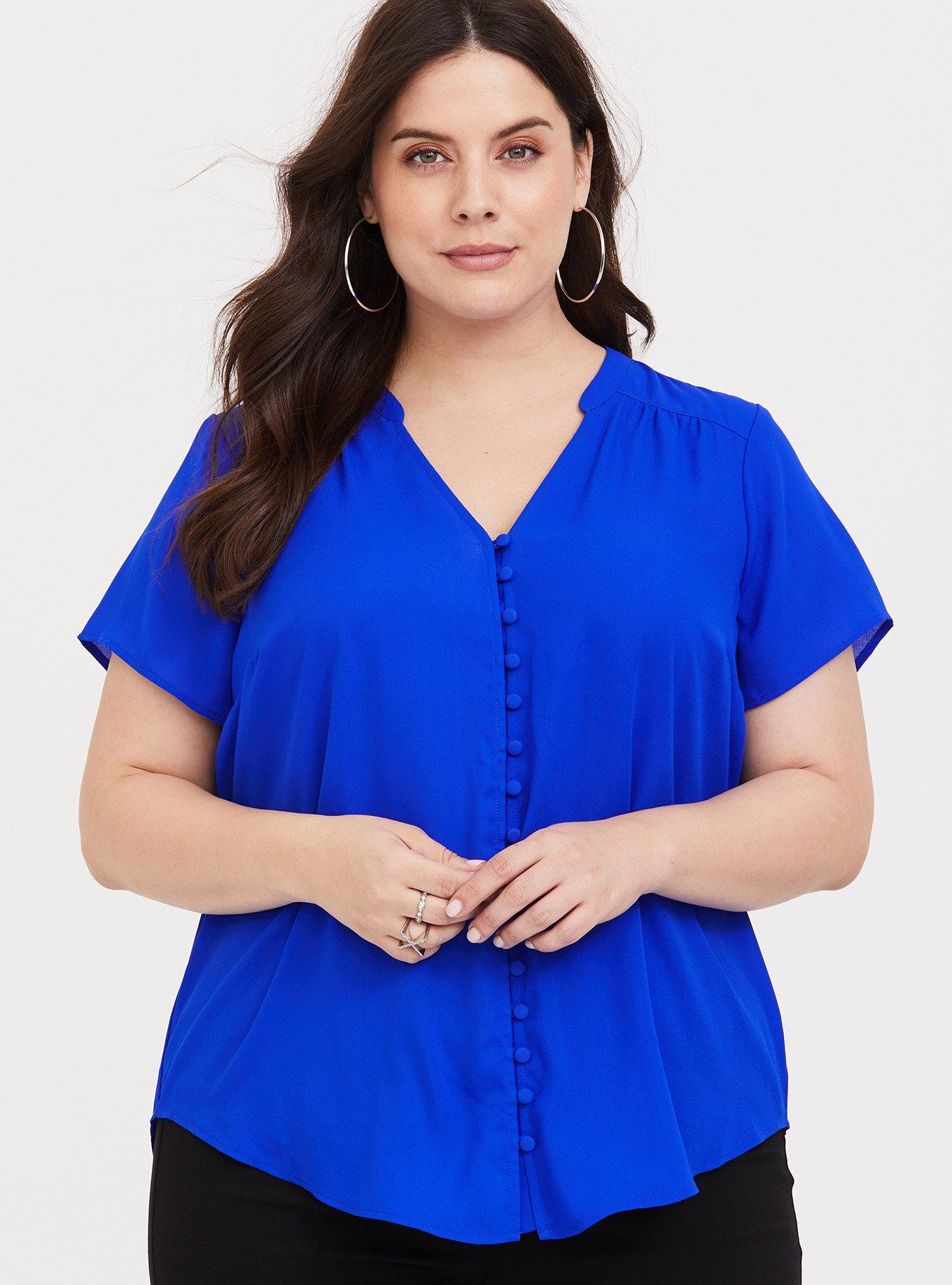 Harper Georgette Button-Front Short Sleeve Pullover Blouse, ELECTRIC BLUE, hi-res