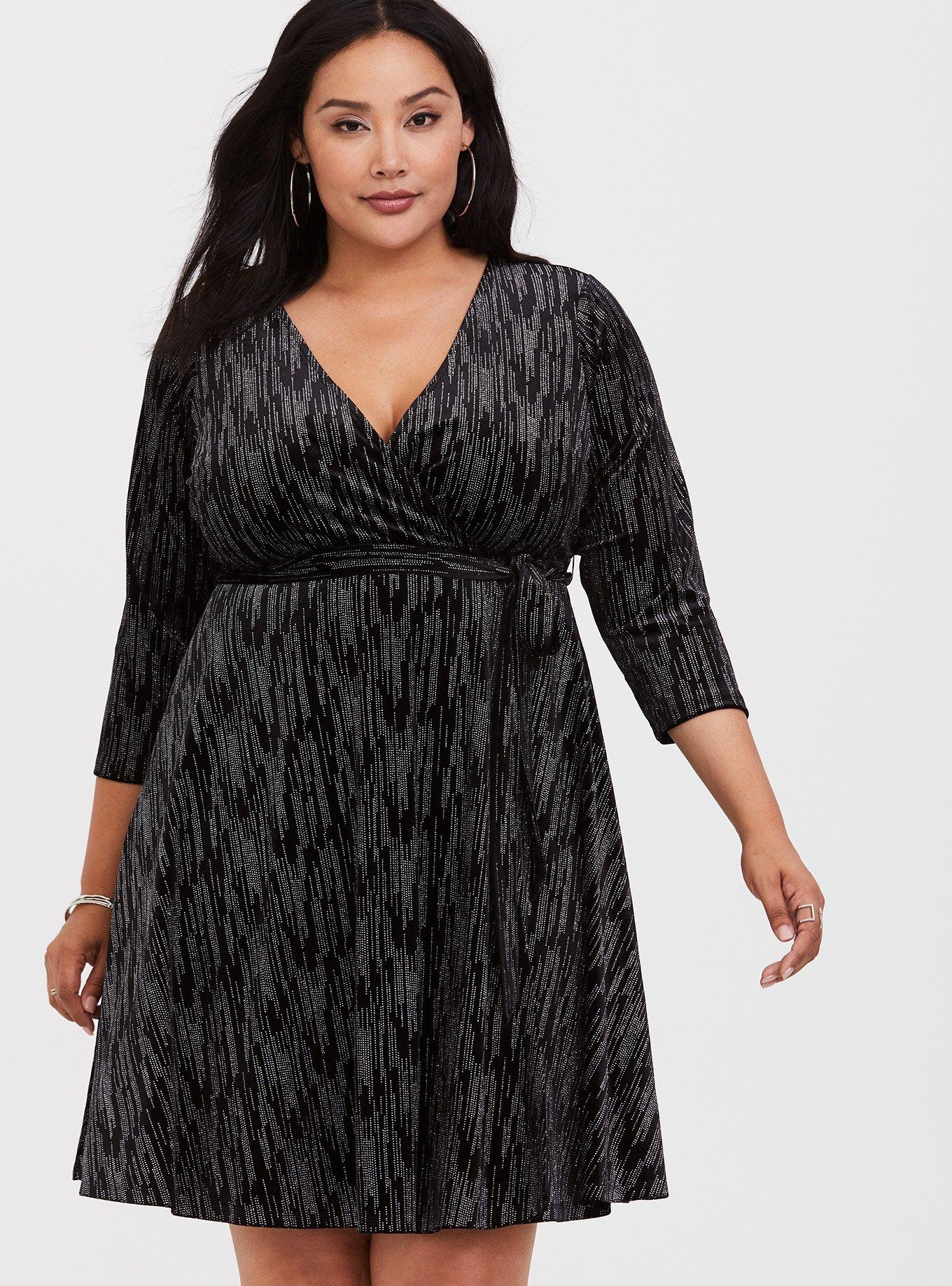 Plus Size - Black Shine Velvet Wrap Dress - Torrid