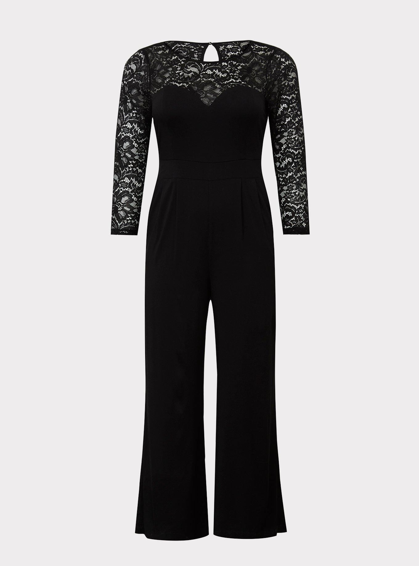 Black Lace Challis Wide Leg Jumpsuit, , hi-res