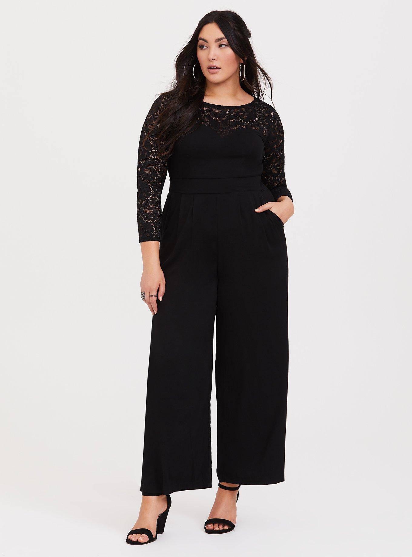 Black Lace Challis Wide Leg Jumpsuit, , hi-res