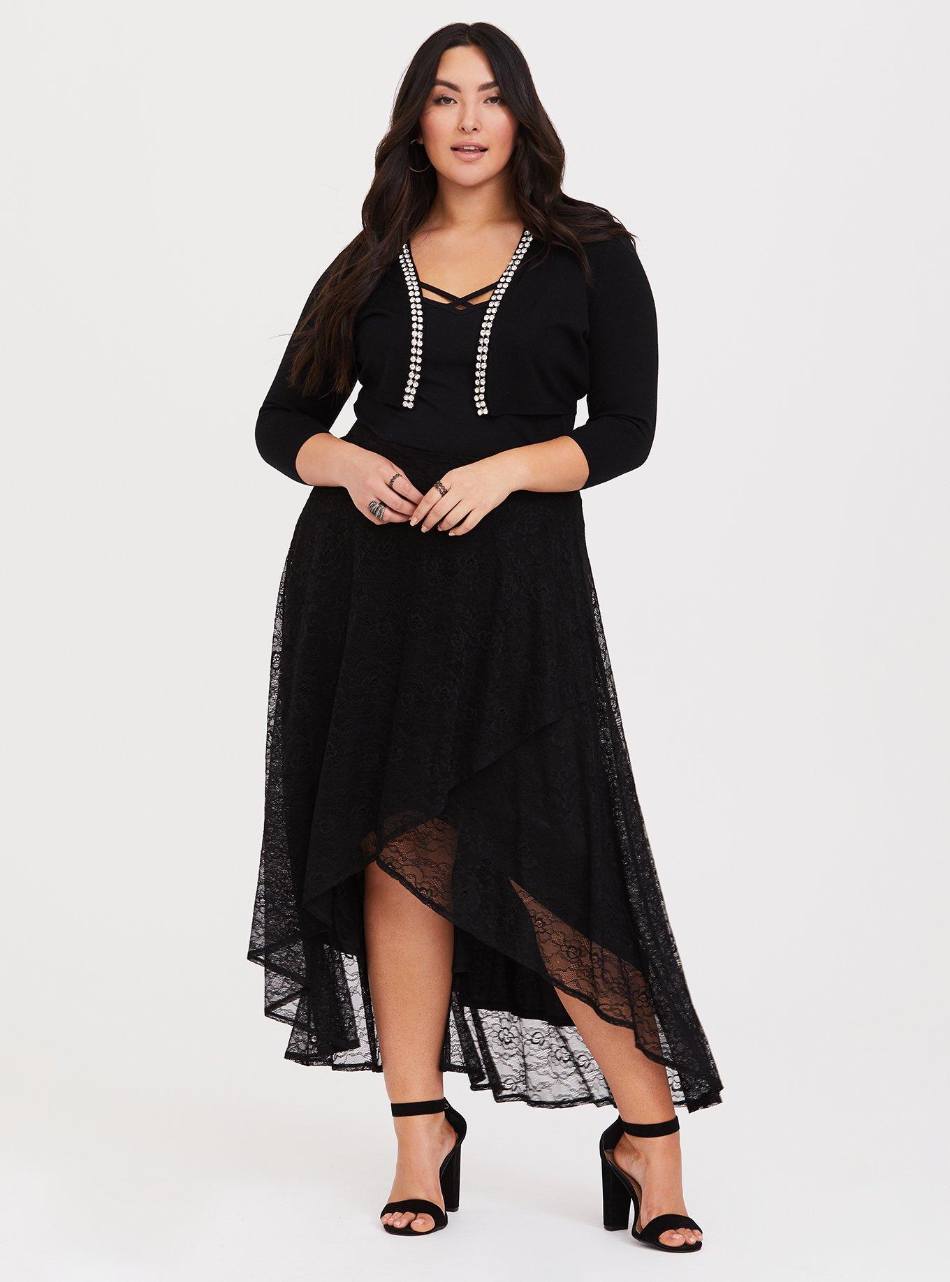 Black Tiered Lace Wrap Maxi Skirt, , alternate