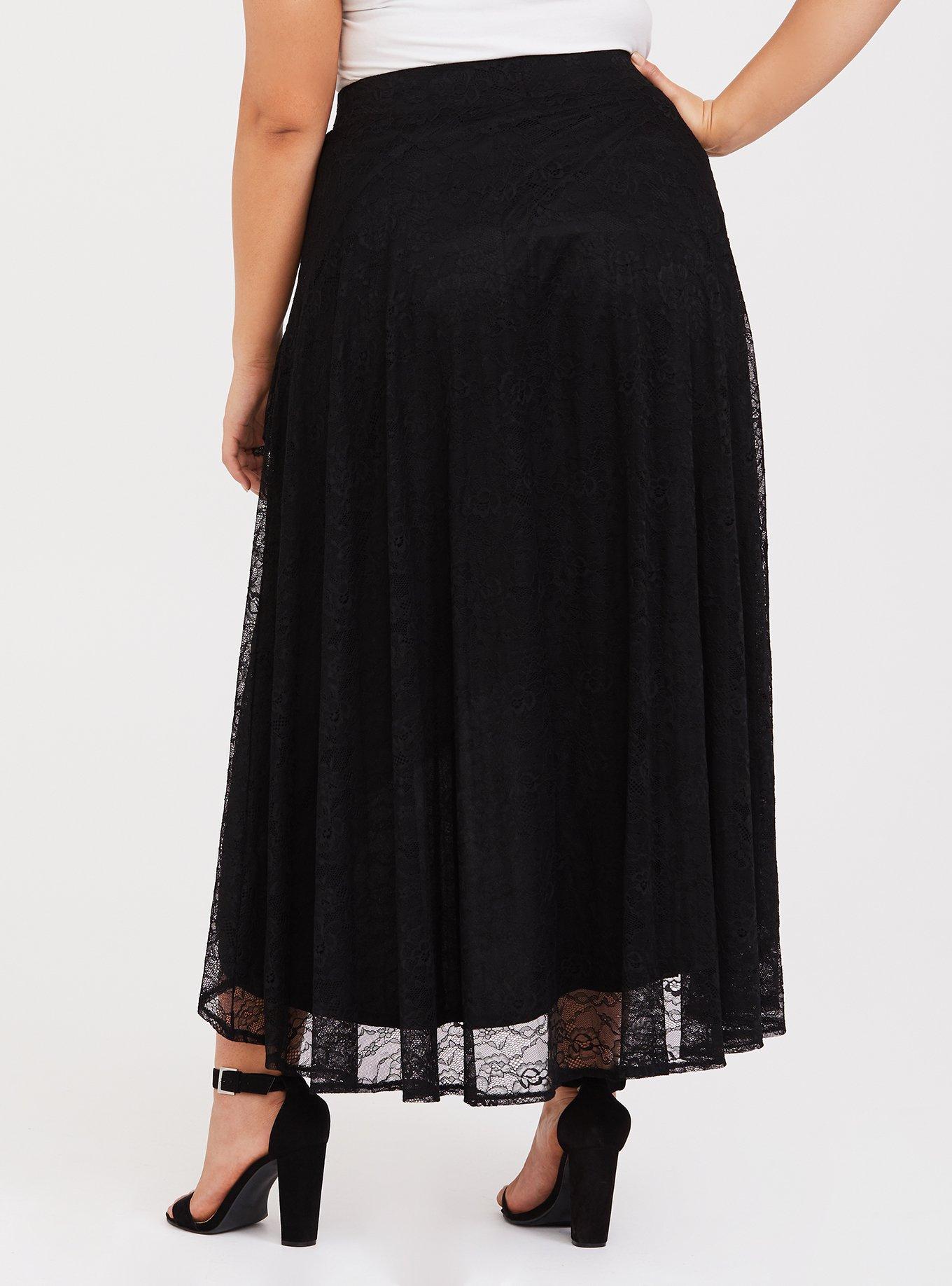 Black Tiered Lace Wrap Maxi Skirt, , alternate