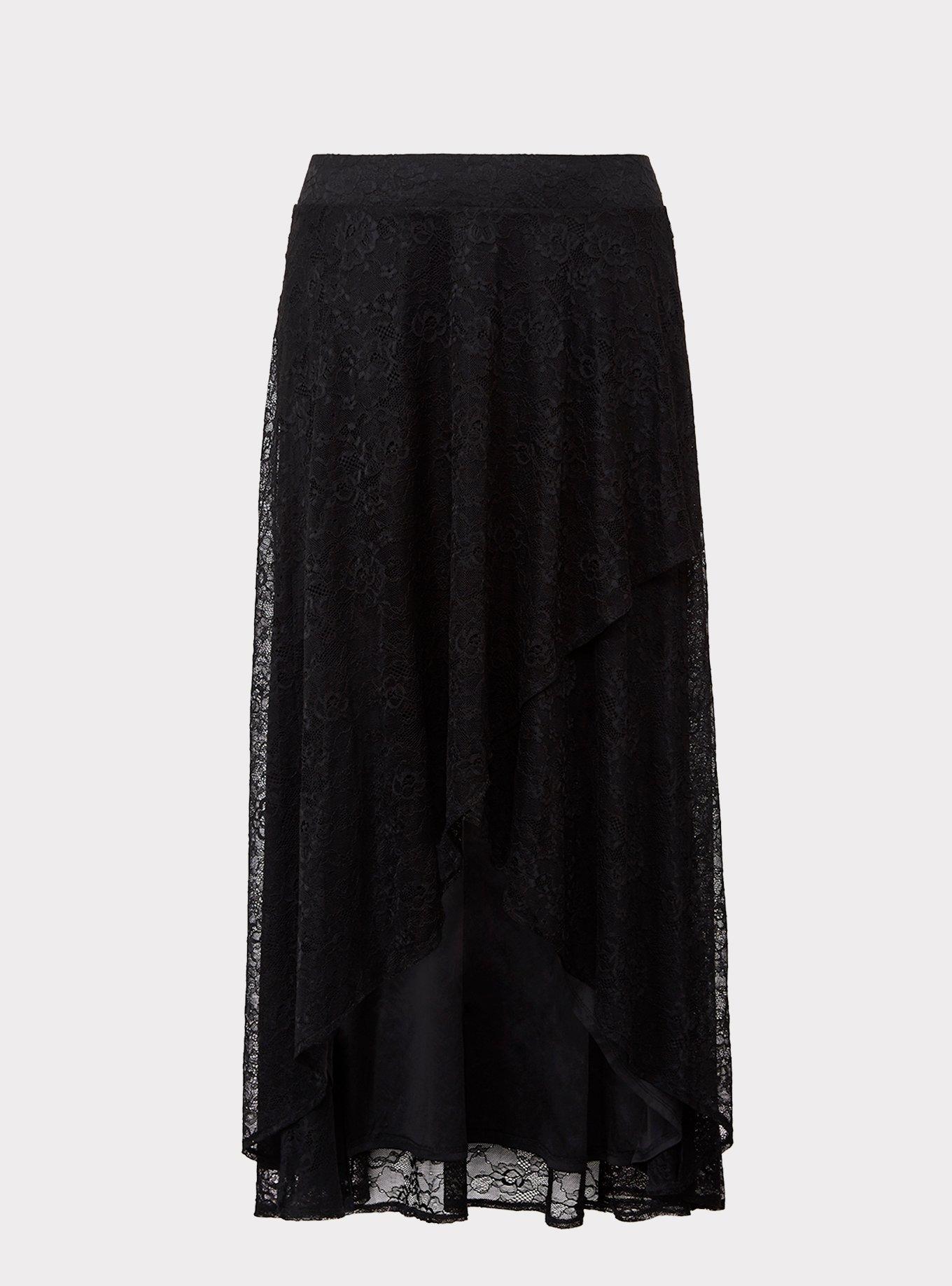 Black Tiered Lace Wrap Maxi Skirt, , hi-res