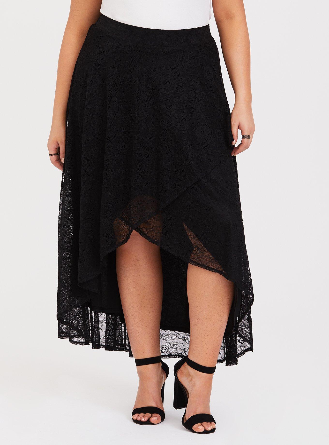 Black Tiered Lace Wrap Maxi Skirt, , hi-res