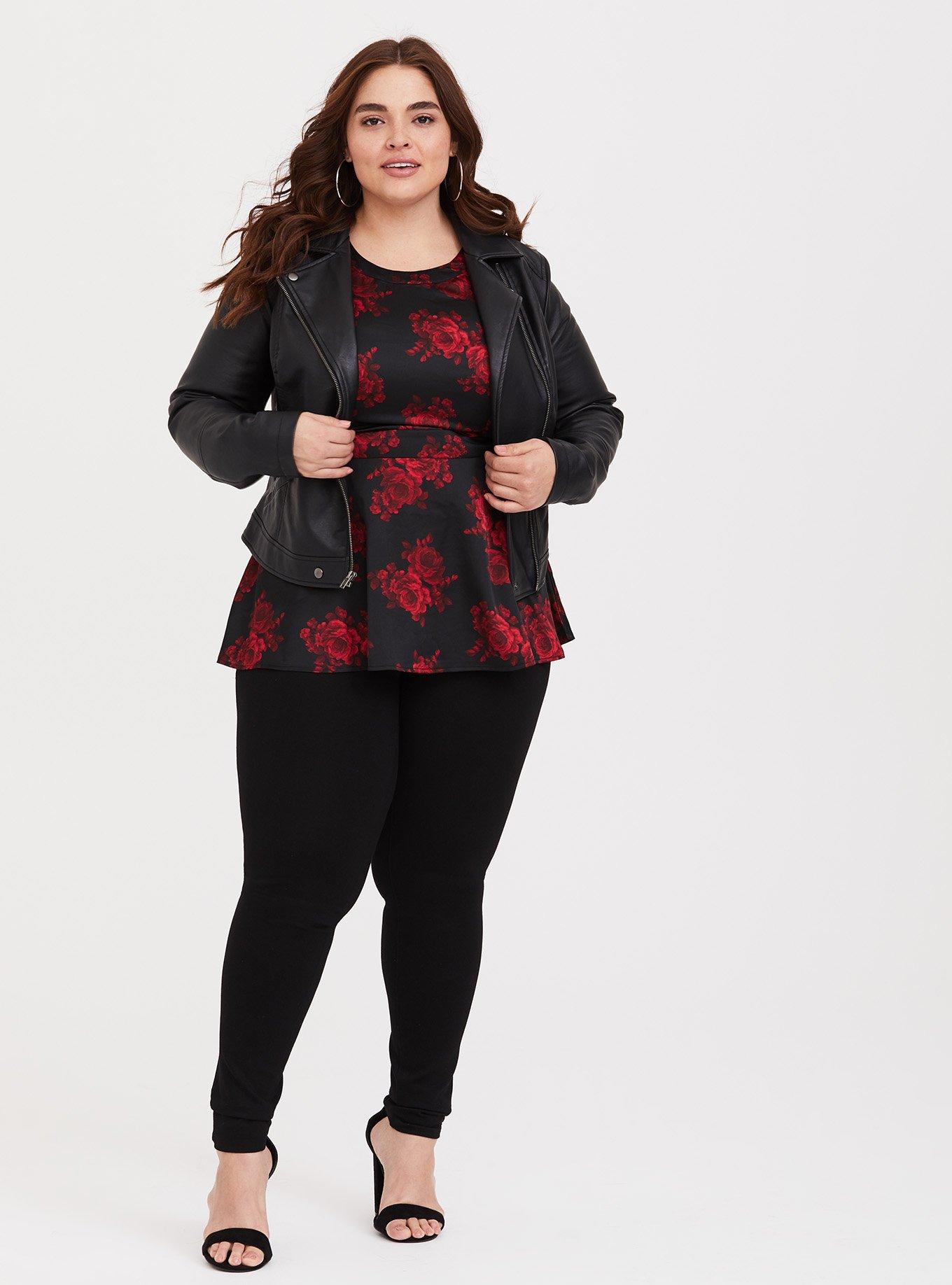 Plus Size Peplum Georgette Goddess Neck Tank, BLACK FLORAL, alternate