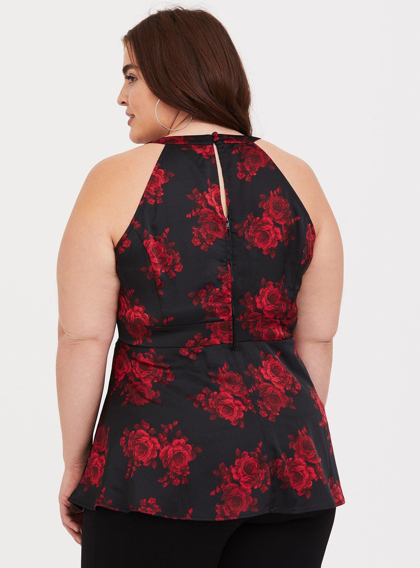 Plus Size Peplum Georgette Goddess Neck Tank, BLACK FLORAL, alternate