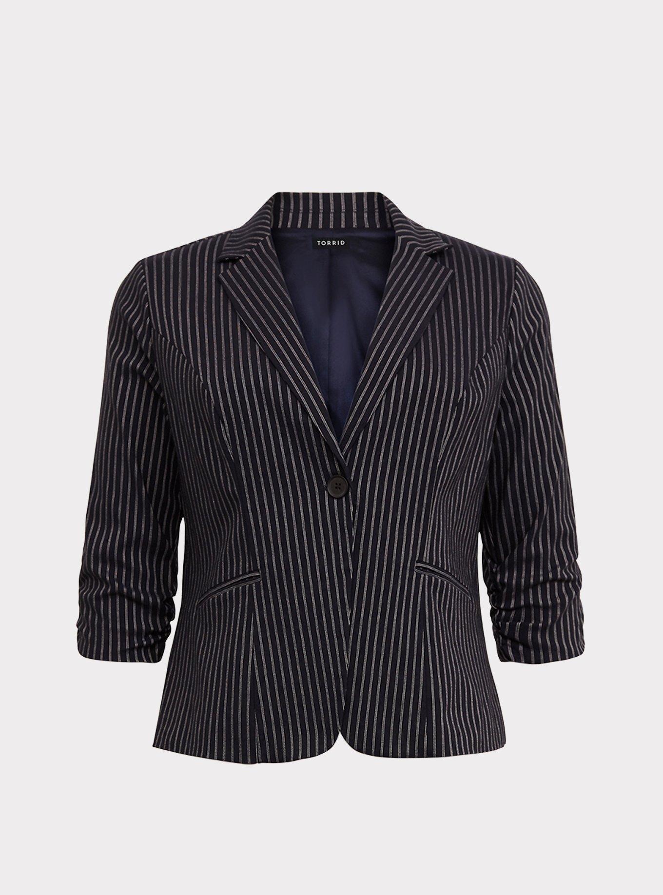 Navy Pinstripe Blazer, , hi-res