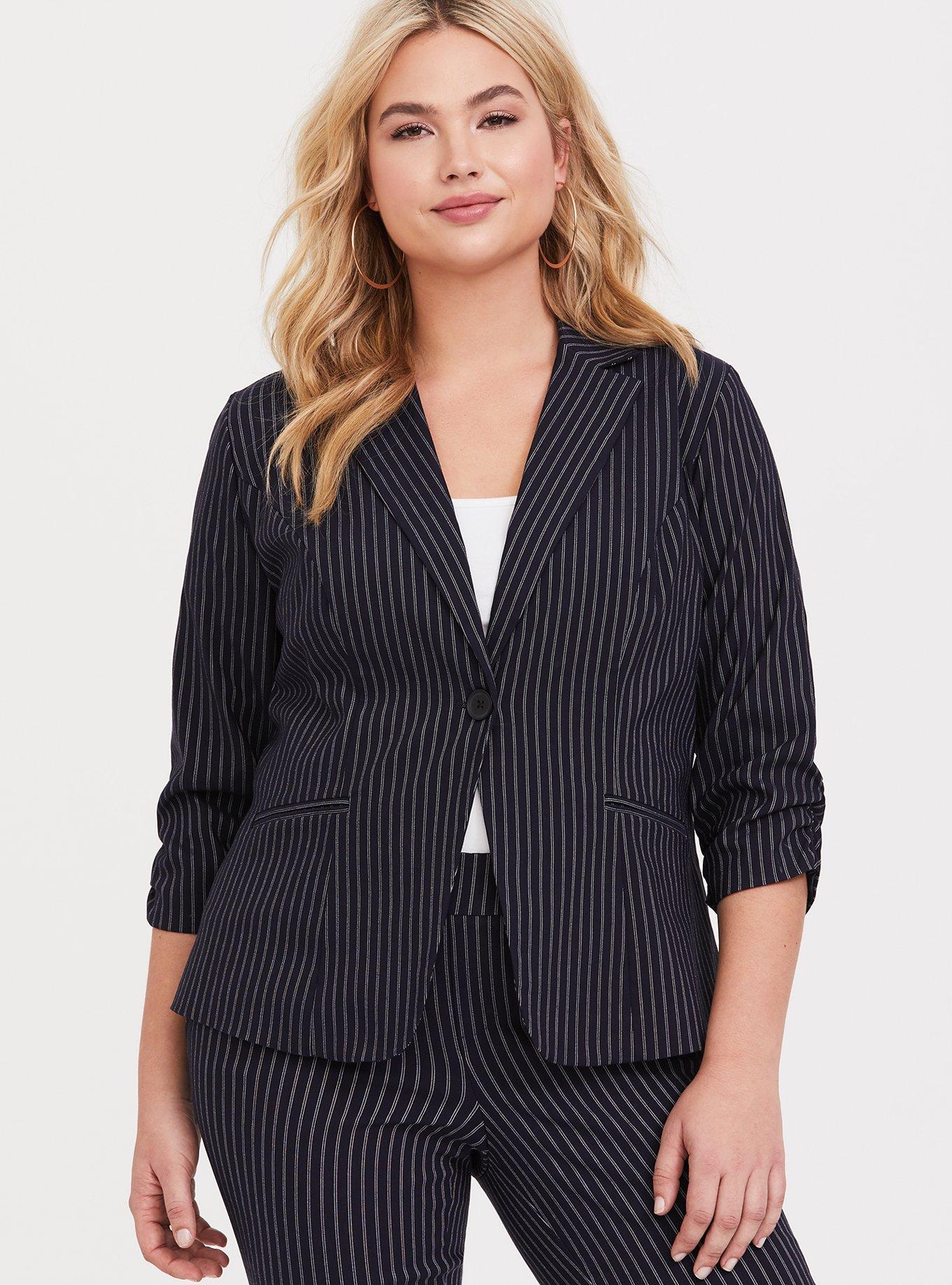 Navy Pinstripe Blazer, , hi-res