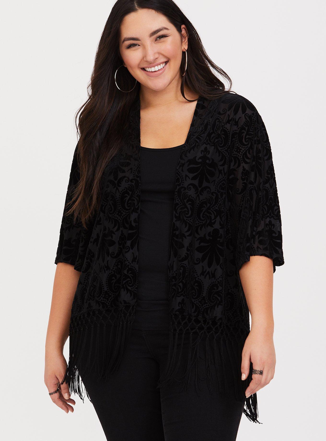 Plus Size - Black Velvet Fringe Kimono - Torrid