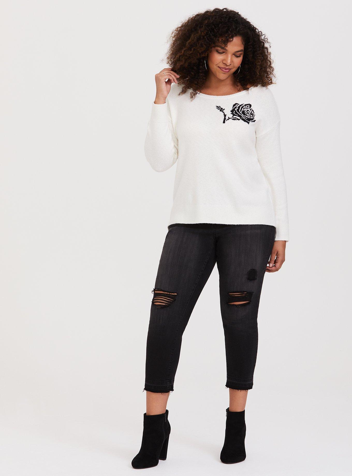 Ivory Black Rose Drop Shoulder Pullover, IVORY, alternate