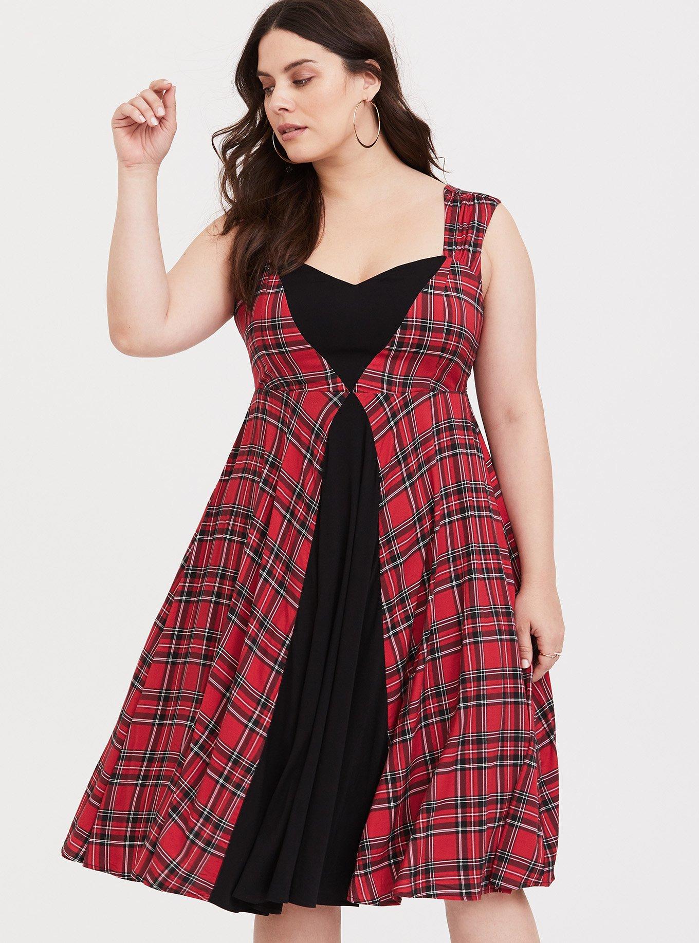 Plus Size Retro Chic Plaid Midi Skater Dress, PLAID, hi-res