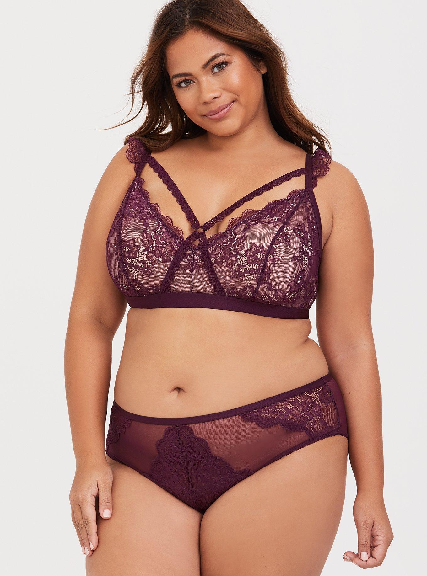 Plus Size Purple Strappy Lace Bralette, PURPLE, alternate