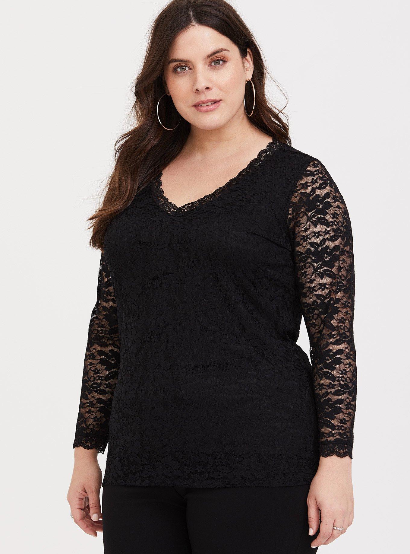 Torrid black blouse with key hole front and back and black lace sleeves!