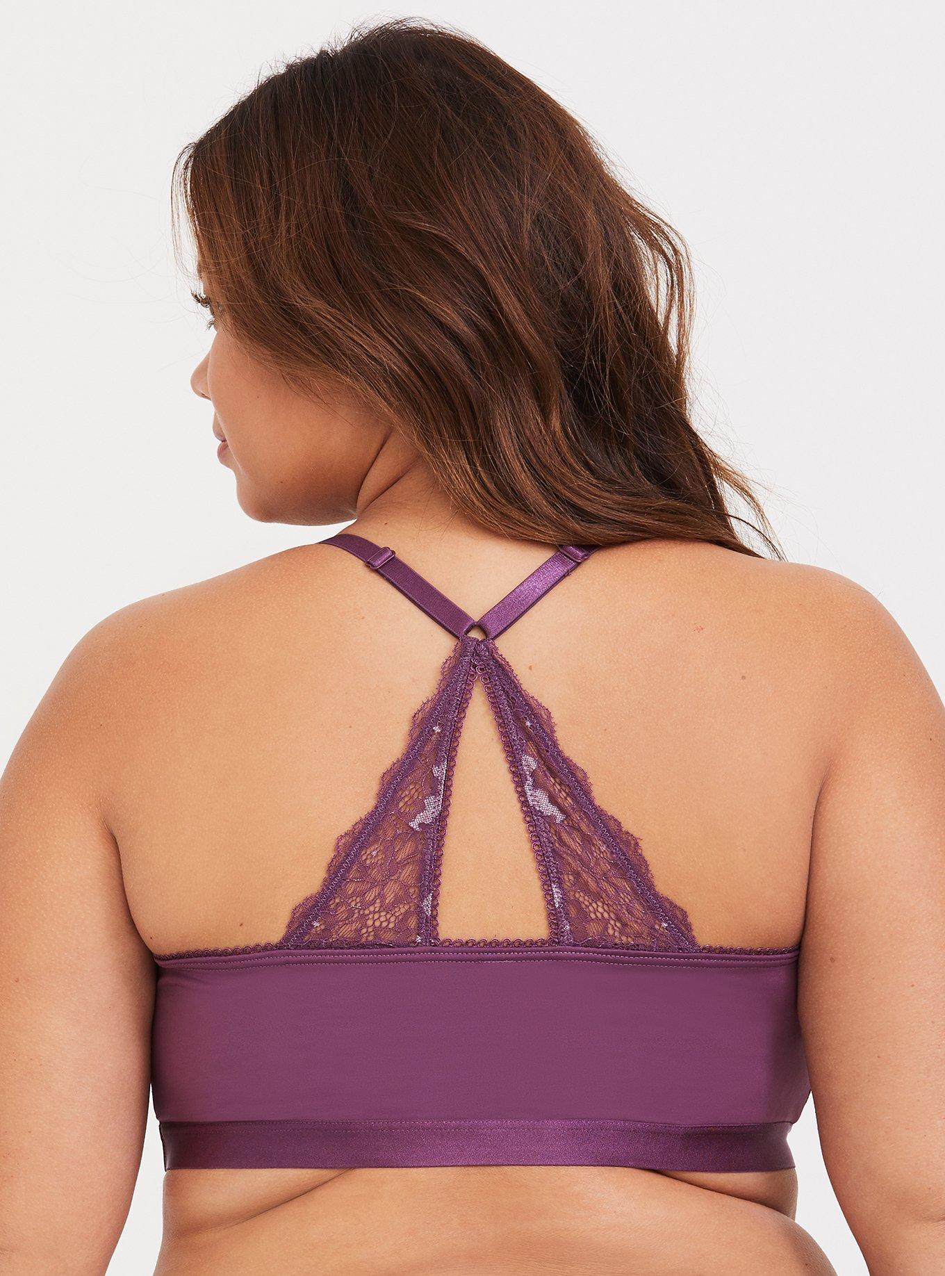 Plus Size Purple Strappy Lace Racerback Bralette, PURPLE ASPARAGUS, alternate