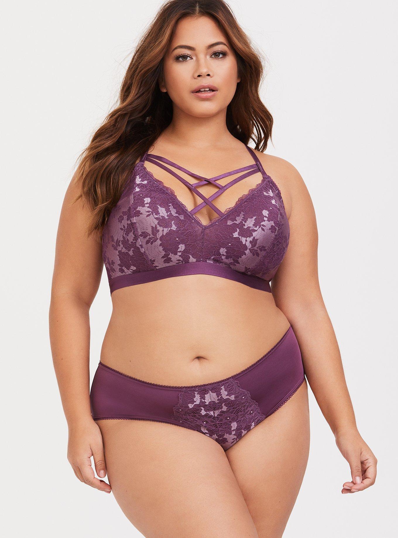 Plus Size Purple Strappy Lace Racerback Bralette, PURPLE ASPARAGUS, alternate
