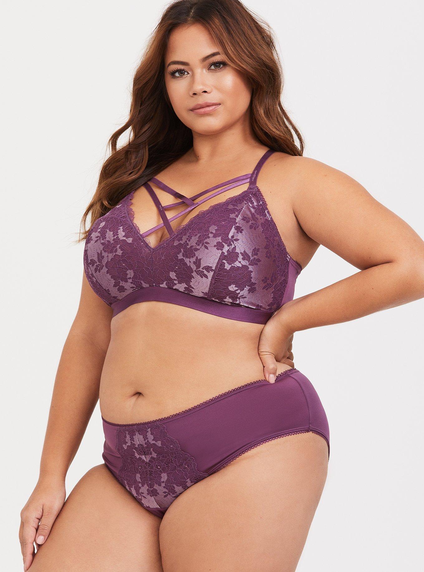 Plus Size Purple Strappy Lace Racerback Bralette, PURPLE ASPARAGUS, alternate