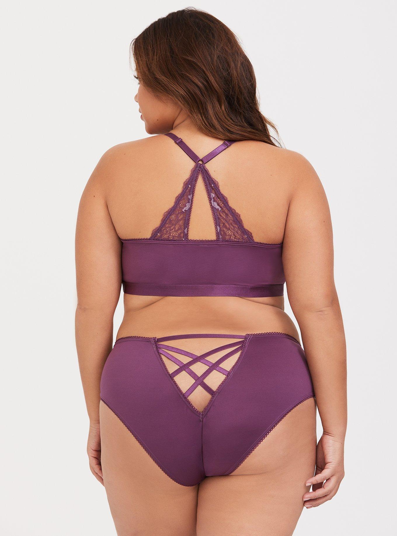 Plus Size Purple Strappy Lace Racerback Bralette, PURPLE ASPARAGUS, alternate