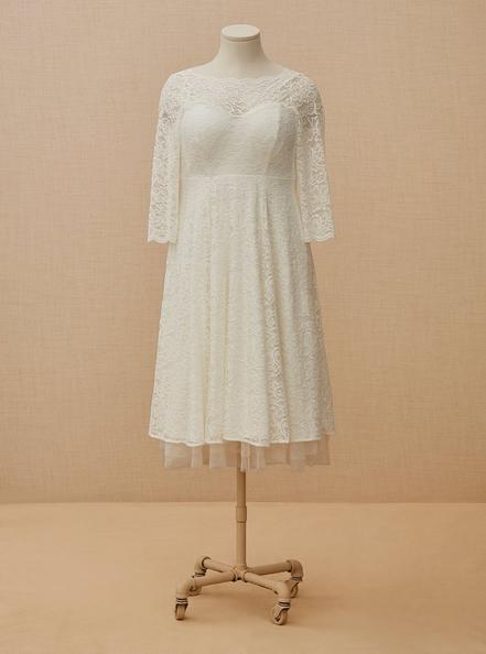 Ivory Lace Tea-Length Wedding Dress, IVORY, alternate