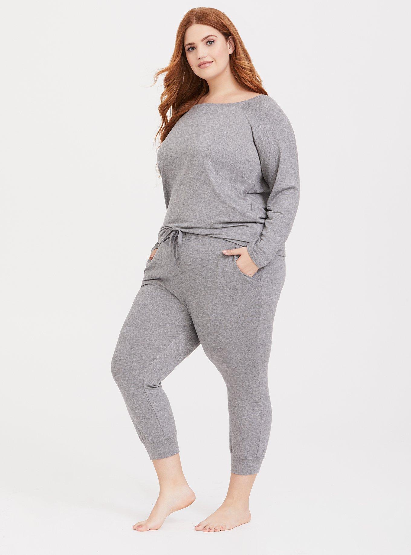Plus Size Grey Slouchy Long Sleeve Lounge Tee, HEATHER GREY, alternate