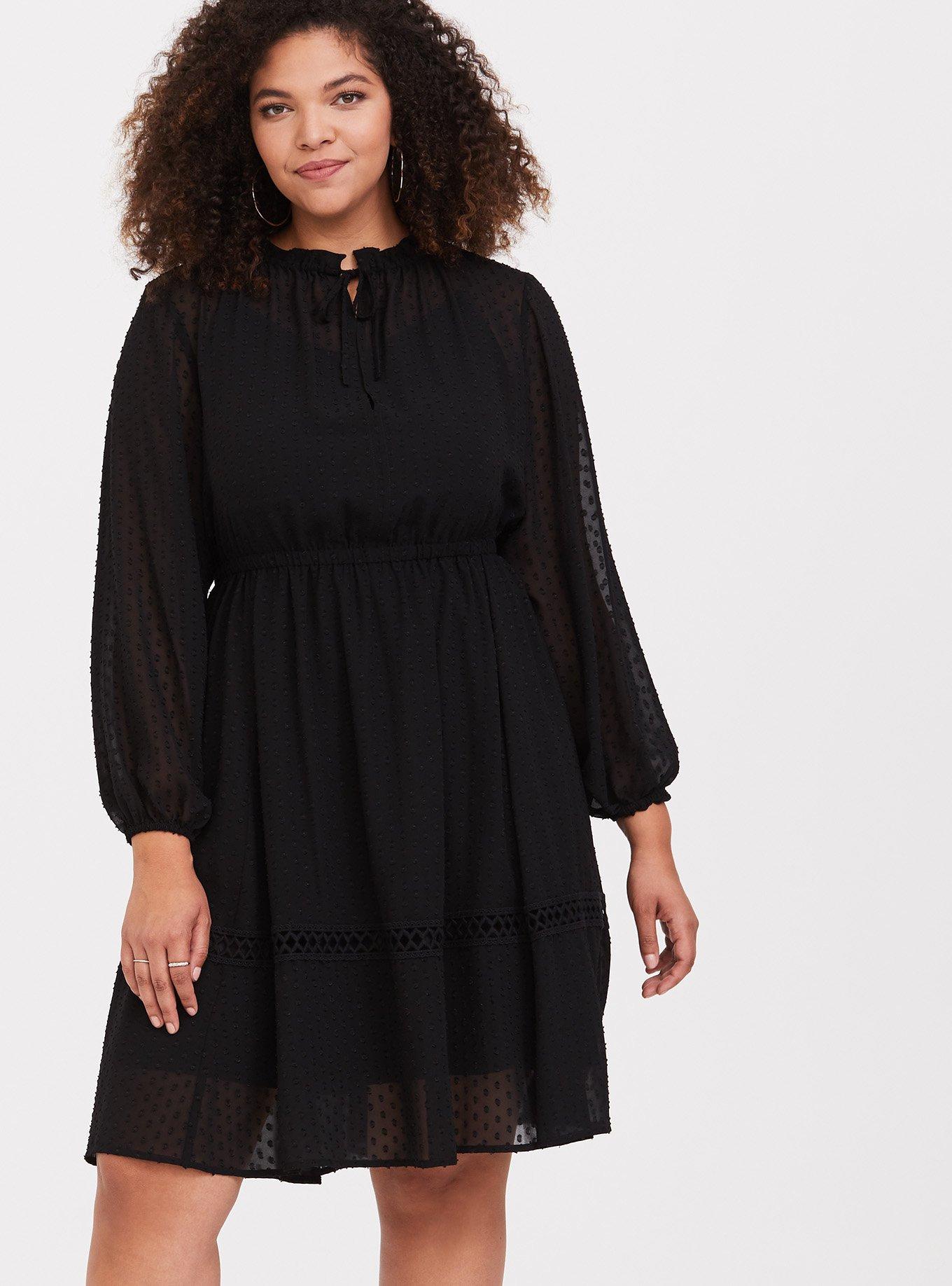 Plus Size - Black Clip Dot Ruffle Neck Skater Dress - Torrid