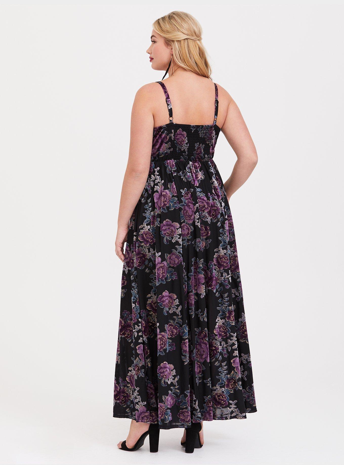 Vented floral velvet burnout smocked waist maxi dress