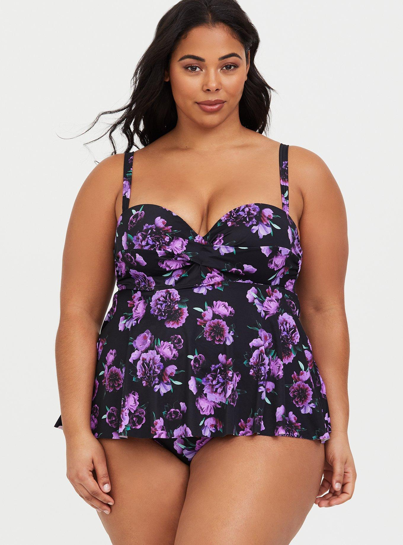 Plus Size - Black & Purple Floral Underwire Knot Front Tankini Top - Torrid