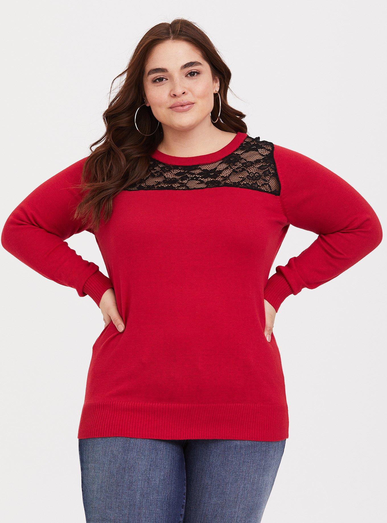Plus Size - Red Lace Inset Pullover - Torrid