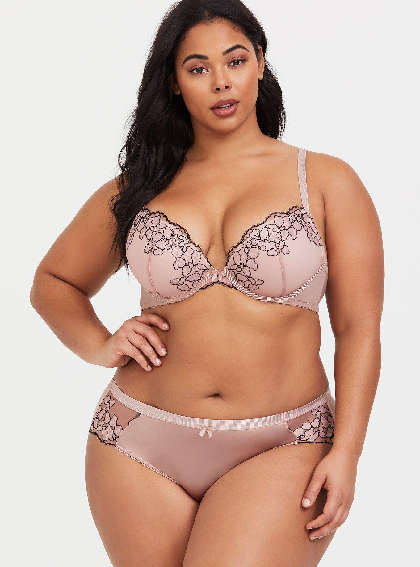 Plus Size Plunge Push-Up Contrast Embroidered Lace Straight Back Bra, DUSTY QUARTZ, alternate