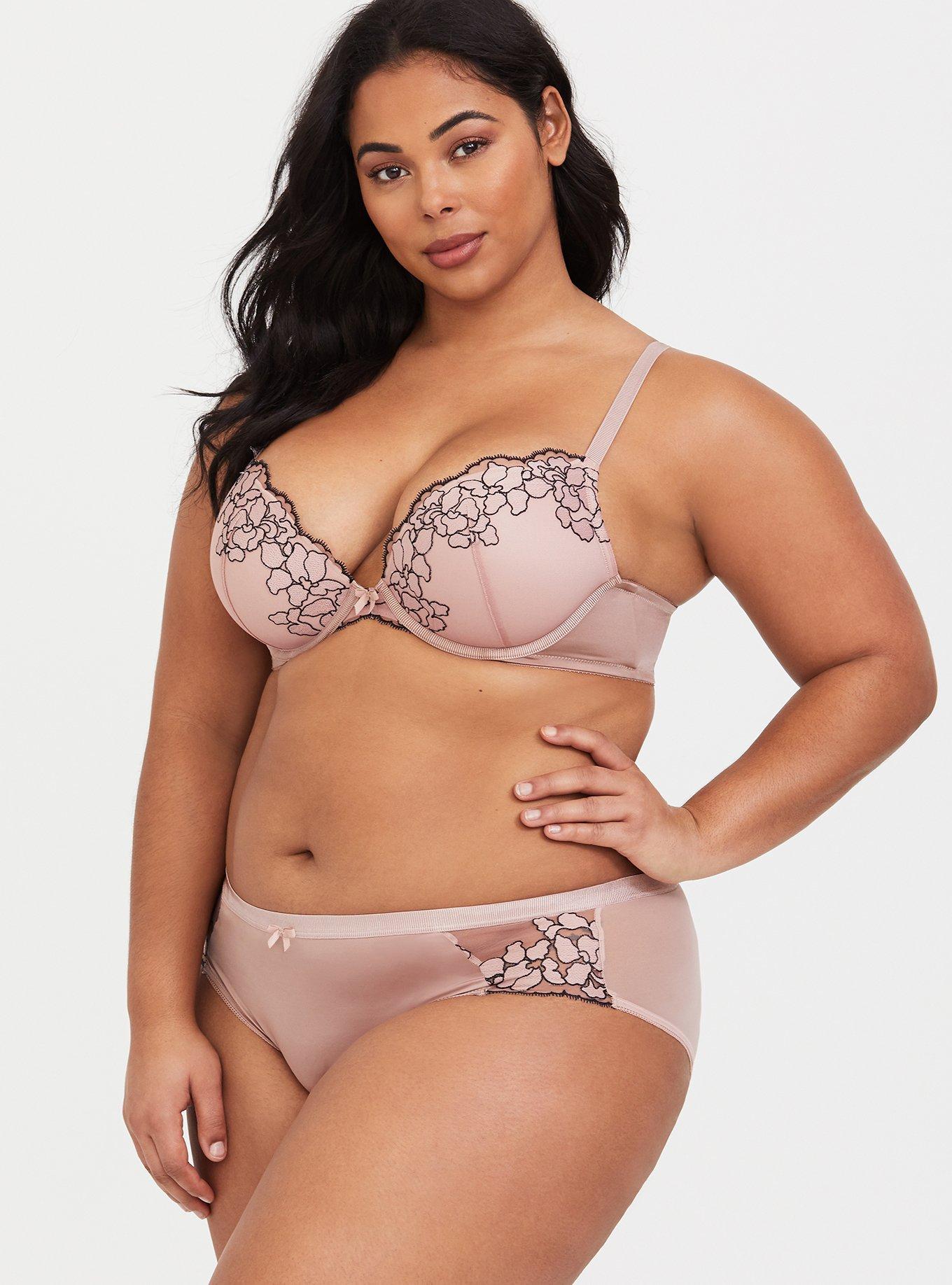 Plus Size Plunge Push-Up Contrast Embroidered Lace Straight Back Bra, DUSTY QUARTZ, alternate