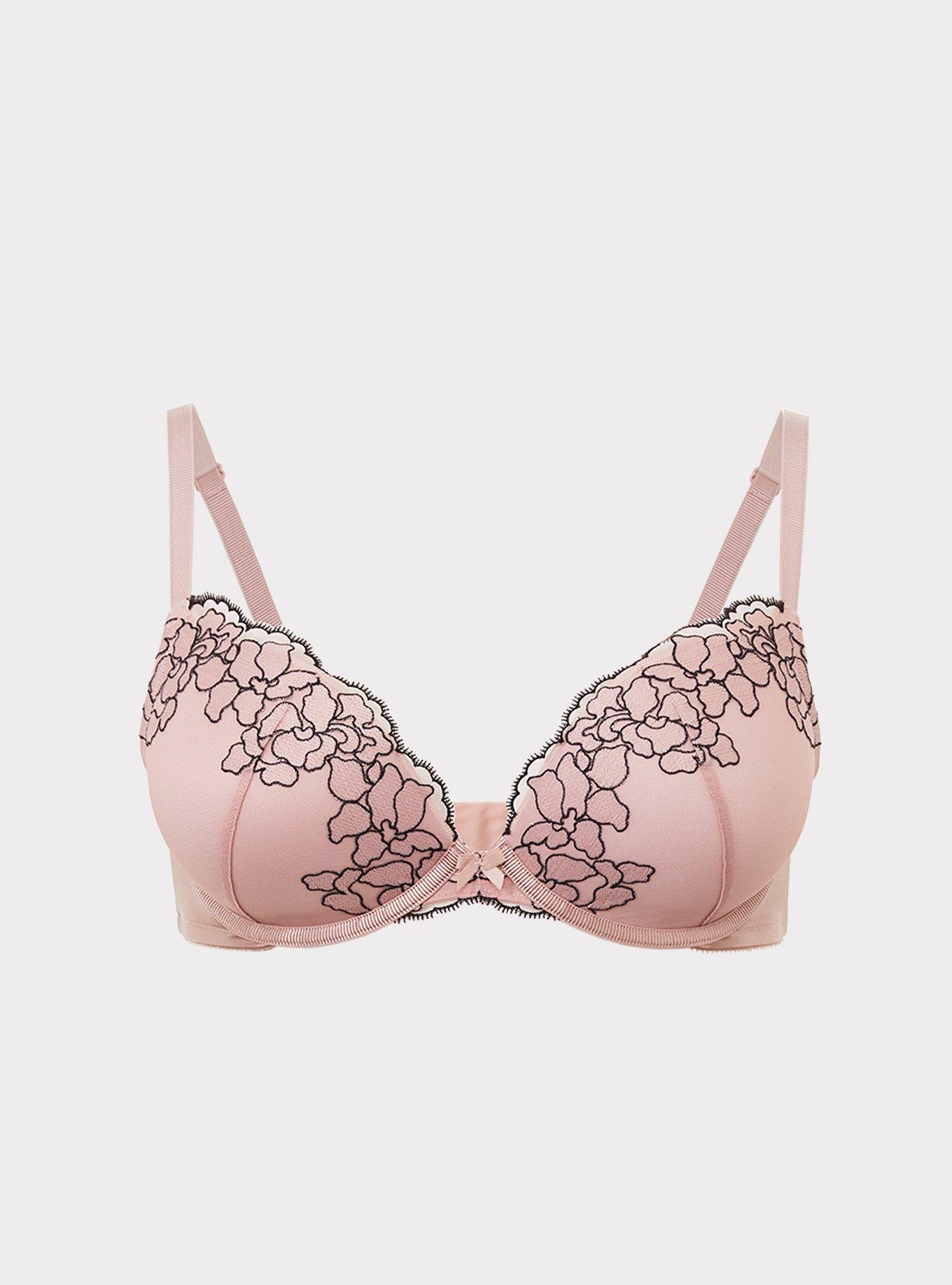 Plus Size Plunge Push-Up Contrast Embroidered Lace Straight Back Bra, DUSTY QUARTZ, hi-res