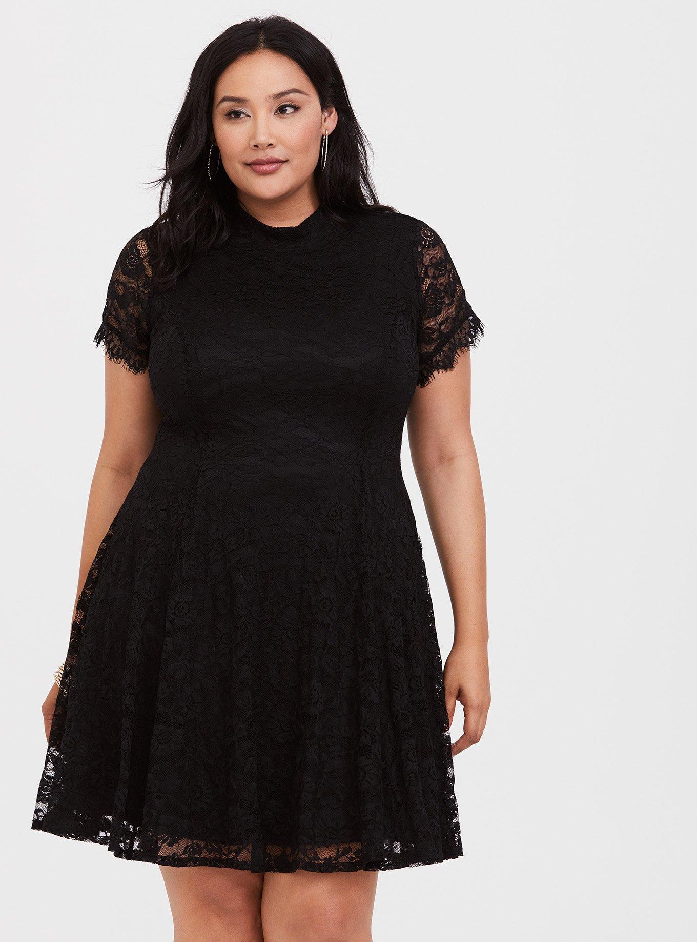 black lace skater dress plus size Long Sleeve Black Skater Dress With Lace Sleeves Plus Size Mini Stretch  Lace Ruched Sleeve Skater Dress Torrid