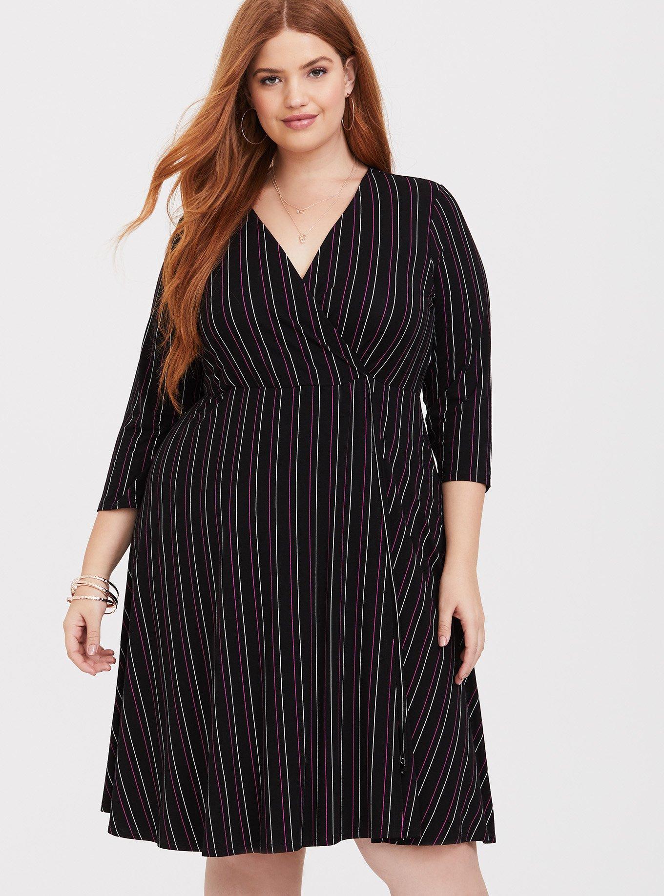 Plus Size Mini Jersey Wrap Dress, BLACK STRIPE, alternate