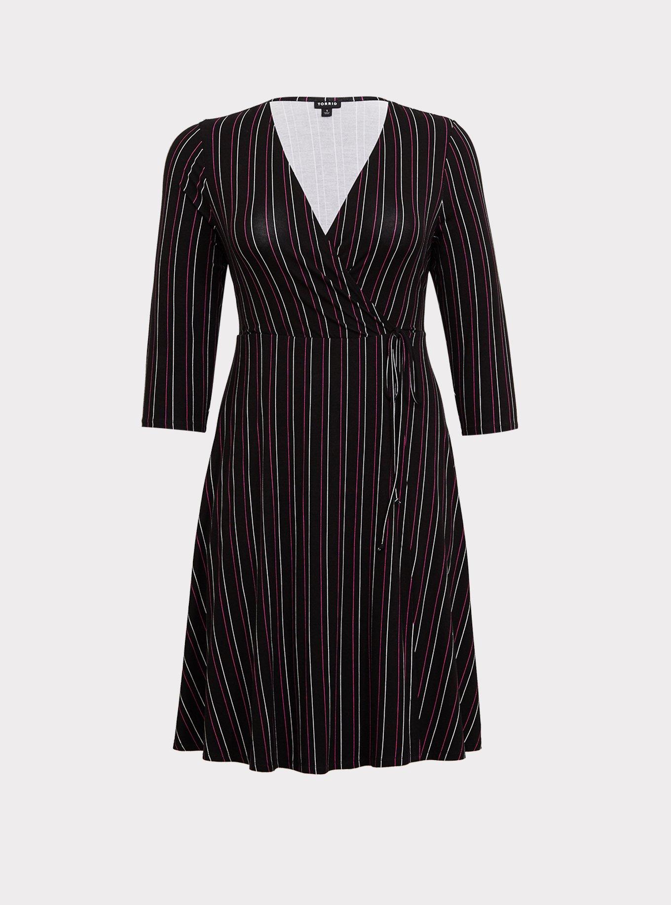 Plus Size Mini Jersey Wrap Dress, BLACK STRIPE, hi-res