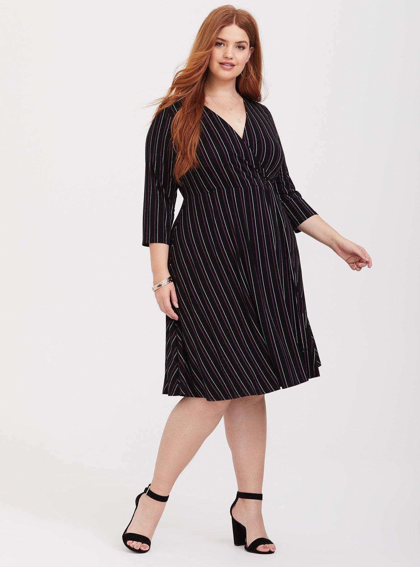 Plus Size Mini Jersey Wrap Dress, BLACK STRIPE, hi-res