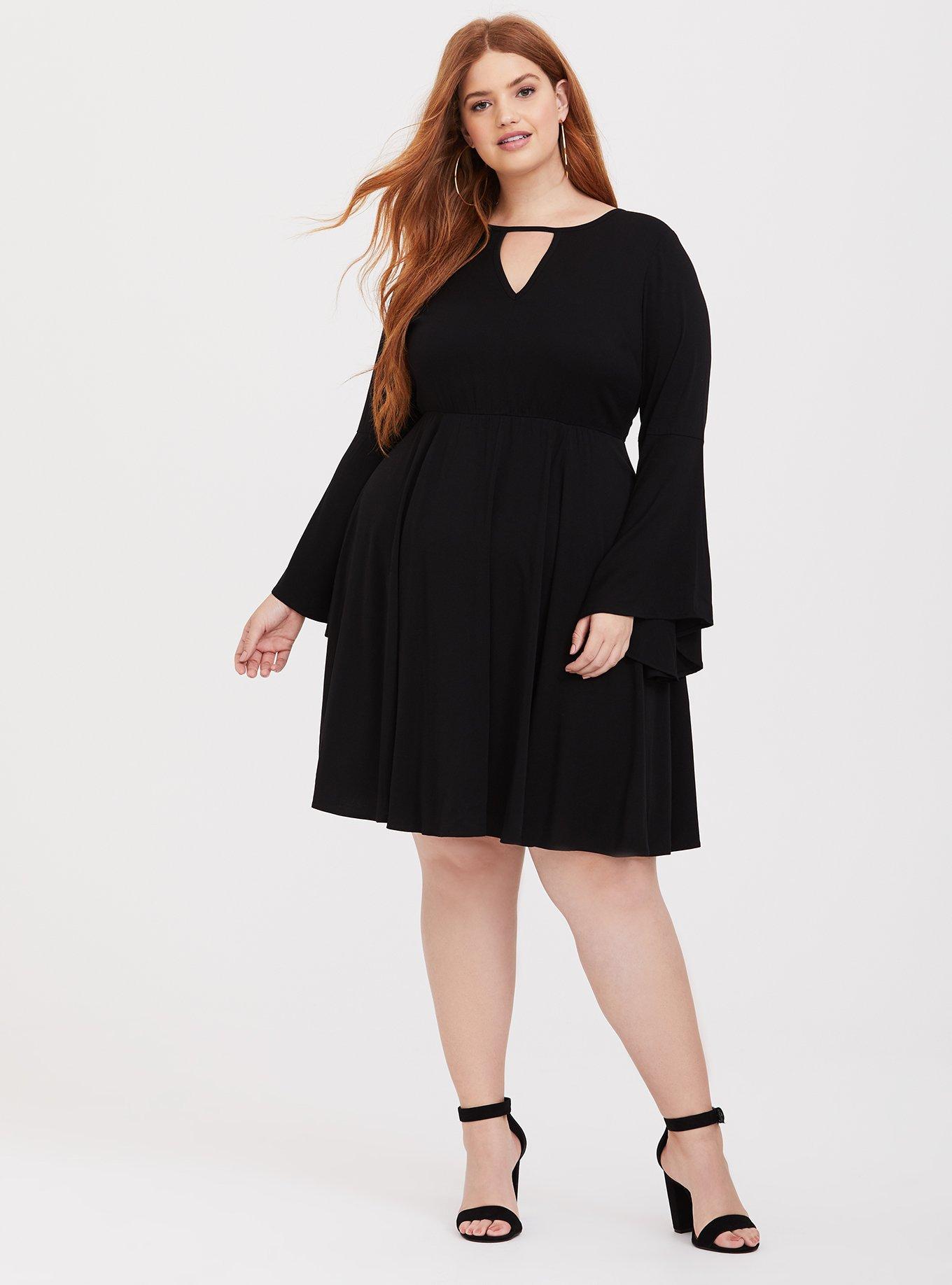 Plus Size - Black Challis Bell Sleeve Skater Dress - Torrid