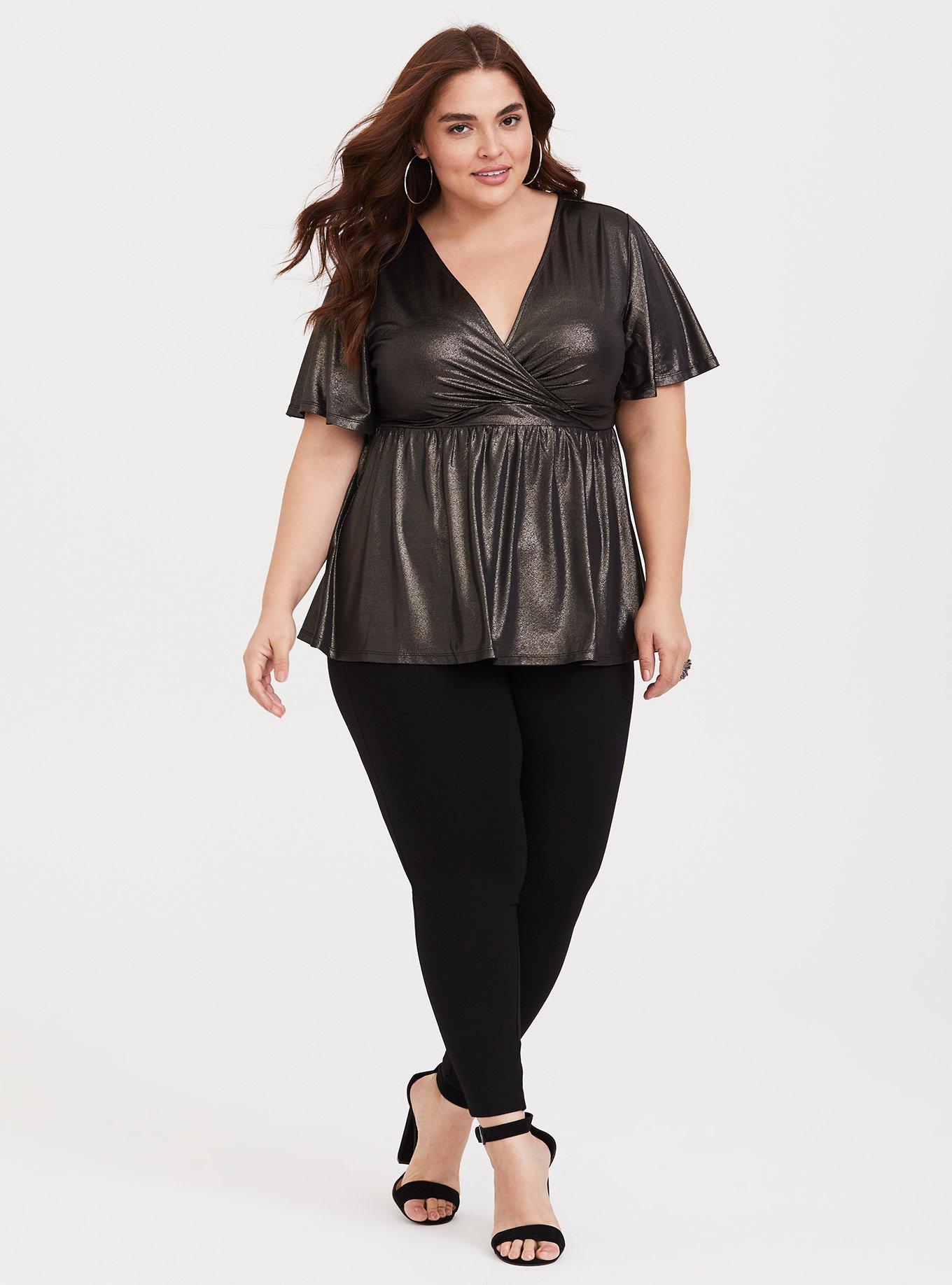 Plus Size Black Metallic Flutter Surplice Babydoll, DEEP BLACK, alternate