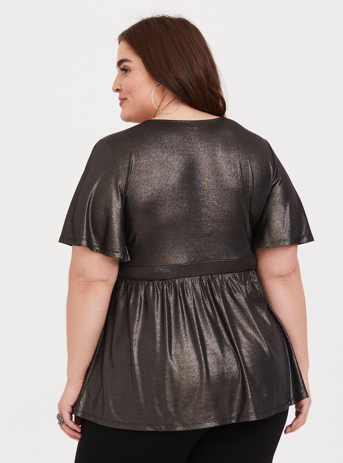 Plus Size Black Metallic Flutter Surplice Babydoll, DEEP BLACK, alternate
