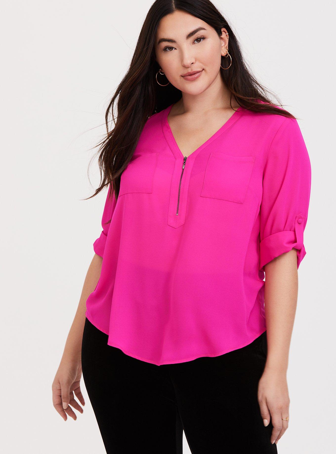 Plus Size Harper Georgette Zip-Front 3/4 Sleeve Pullover Blouse, SUPERSONIC, hi-res
