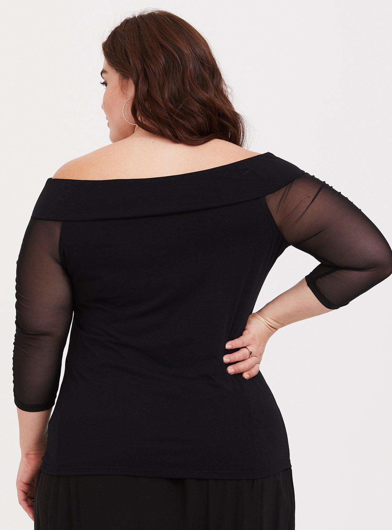 Black Mesh Sleeve Off Shoulder Top, DEEP BLACK, alternate