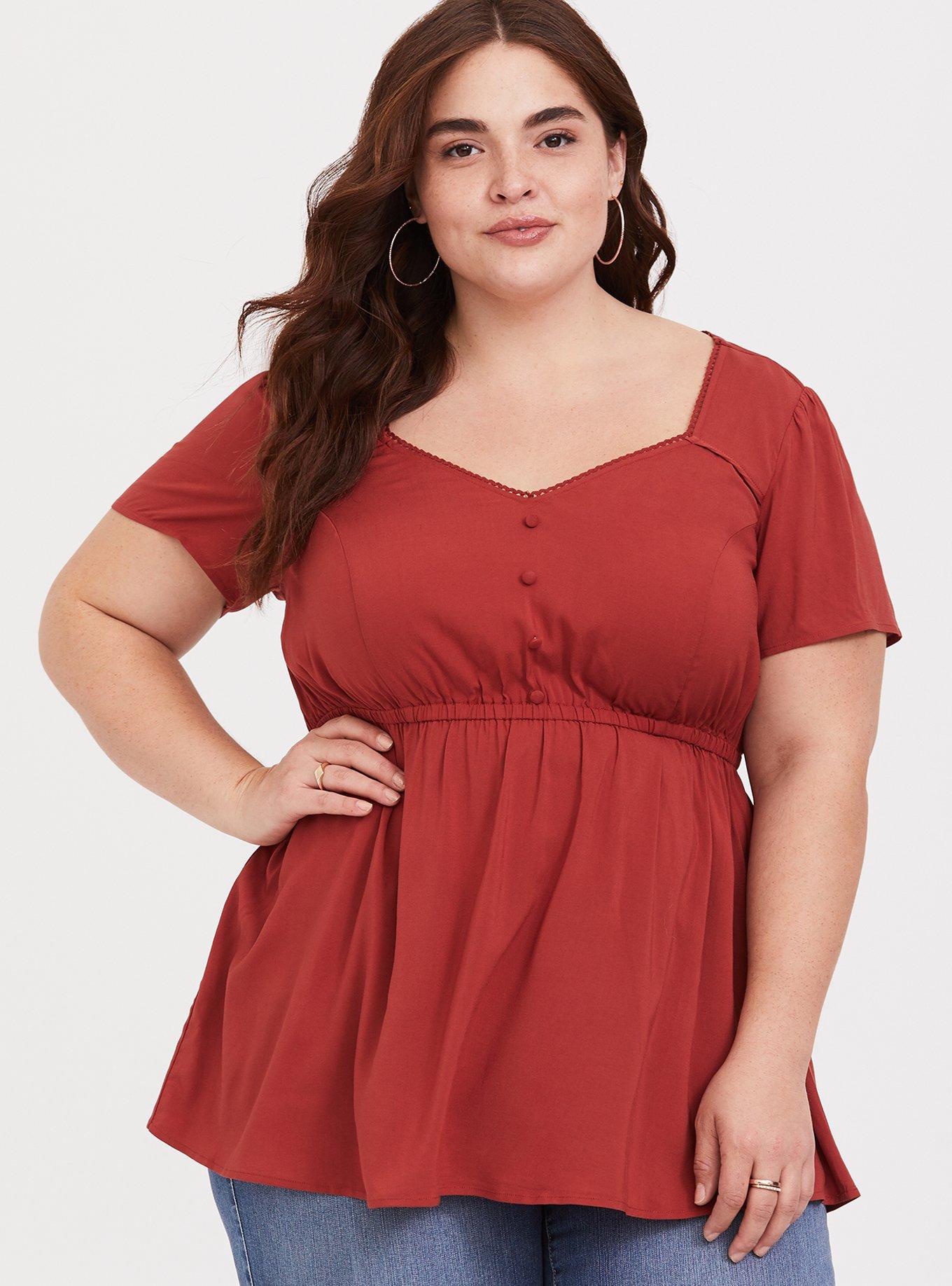 Plus Size - Red Polka Dot Stretch Challis Off Shoulder Blouse - Torrid