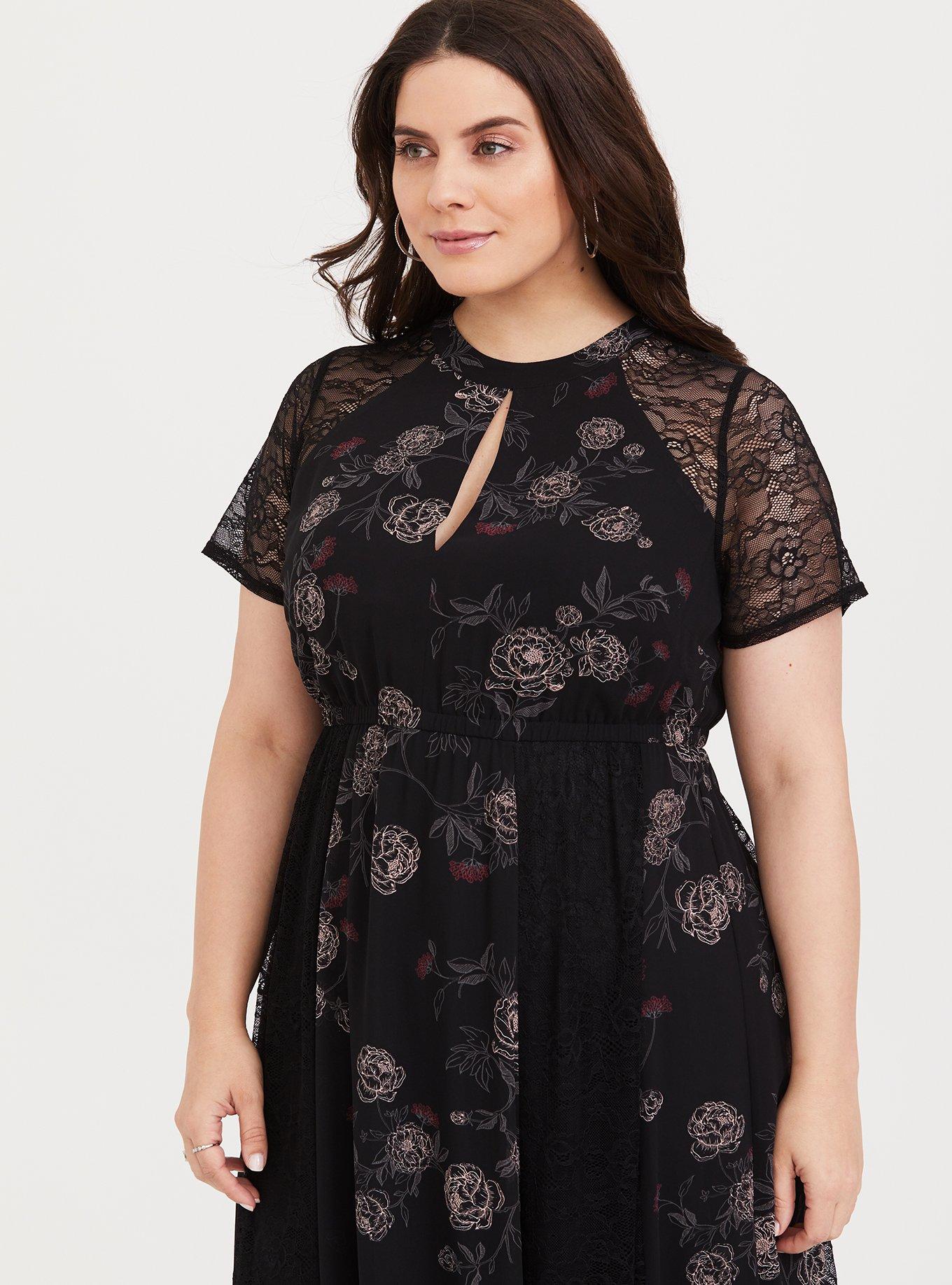 Black Floral Chiffon Lace Maxi Dress, DEEP BLACK, alternate