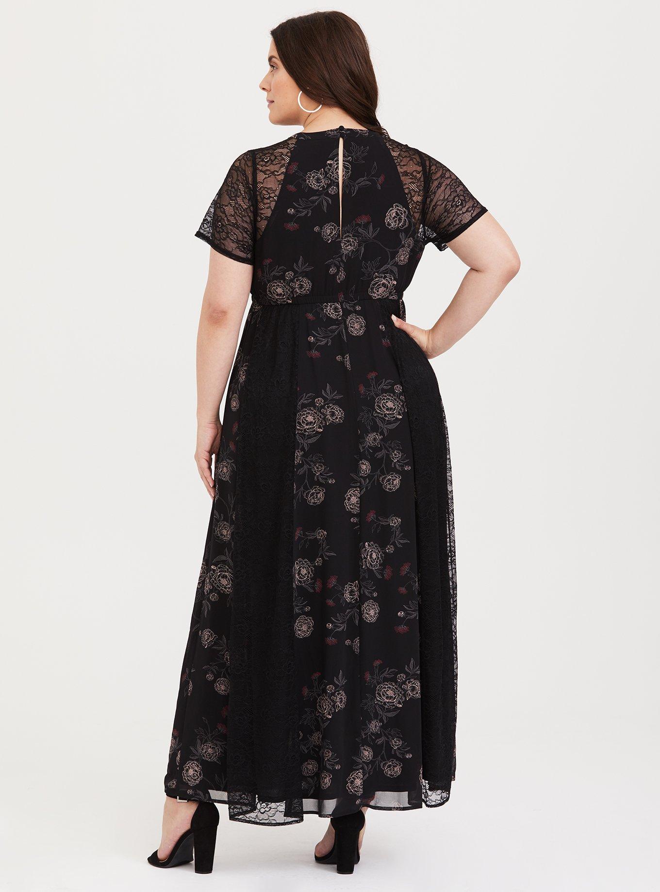 Black Floral Chiffon Lace Maxi Dress, DEEP BLACK, alternate