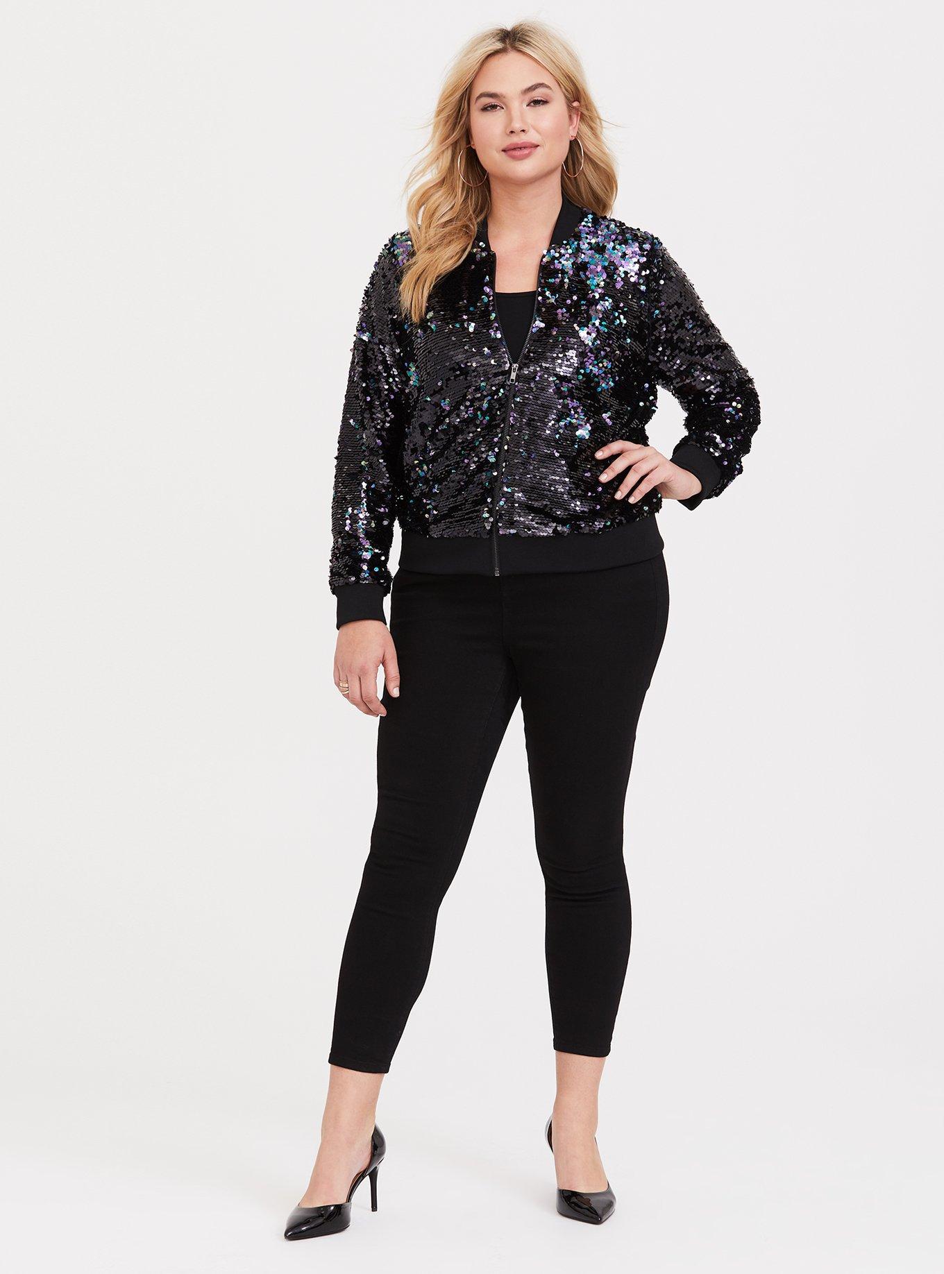 Black sequin bomber jacket plus size sale