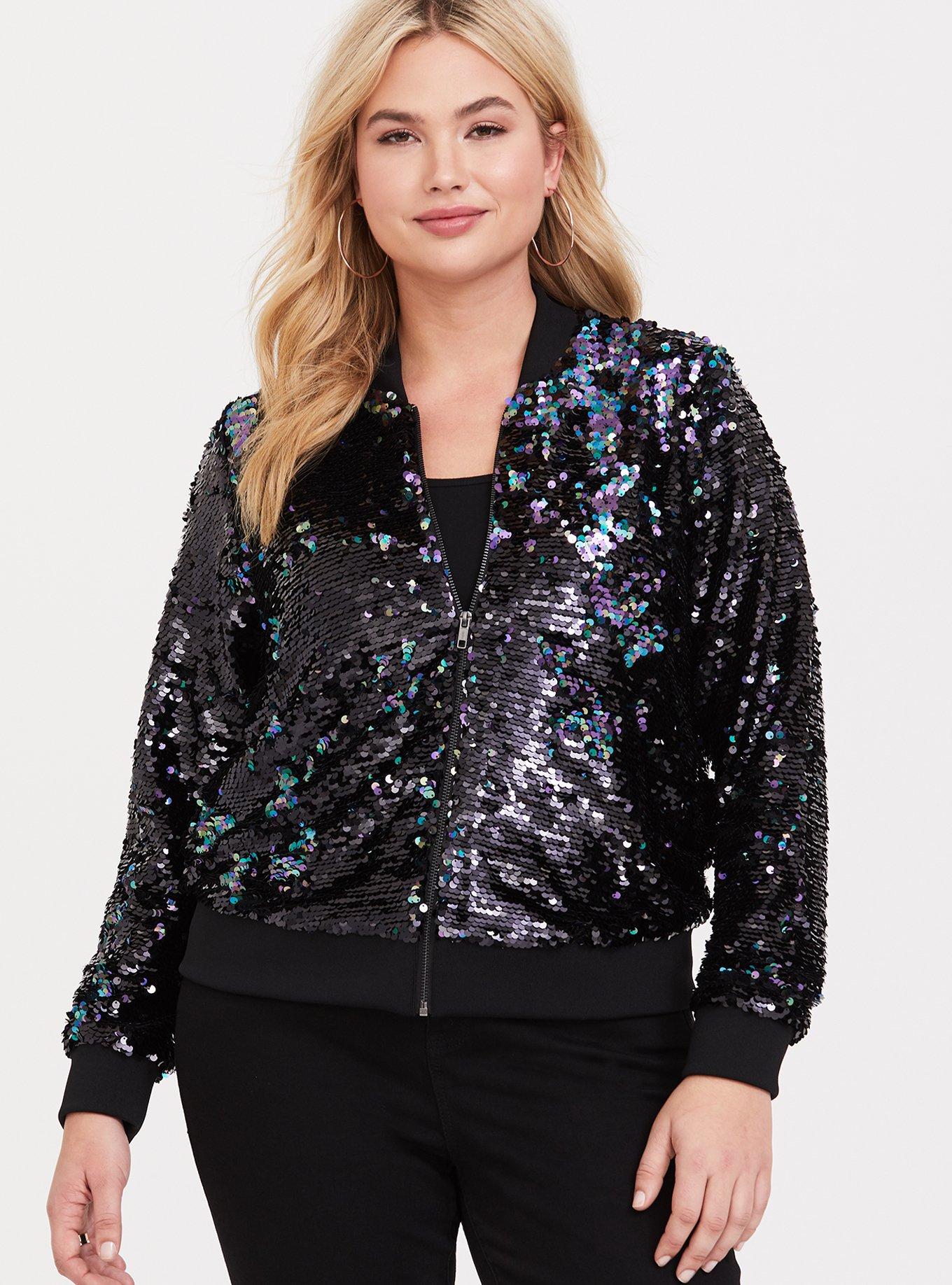 Plus Size Black Iridescent Sequin Bomber Jacket Torrid