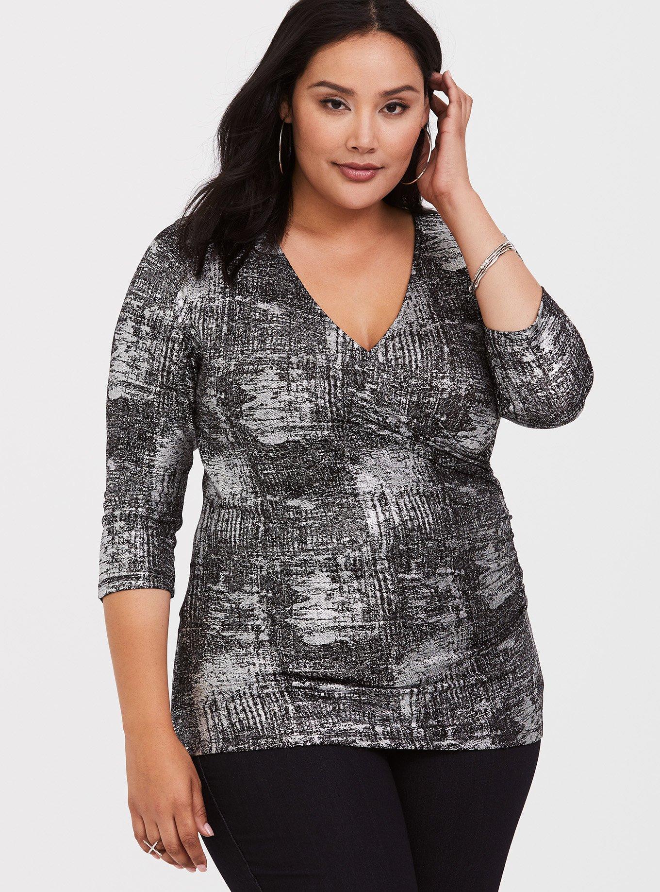 Plus Size - Black Foil Surplice Front Tee - Torrid