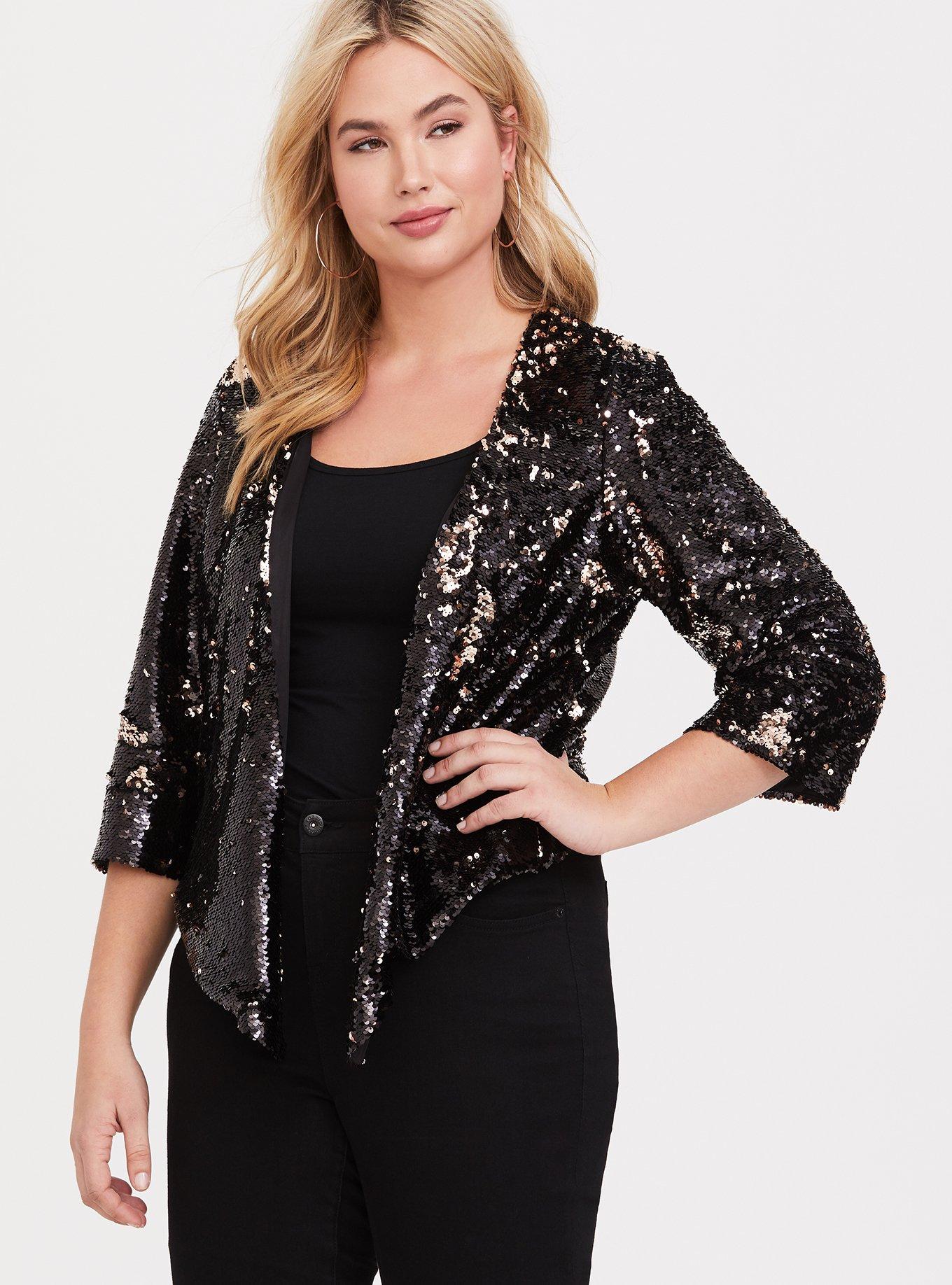 Plus Size - Black Two-Tone Sequin Drape Jacket - Torrid