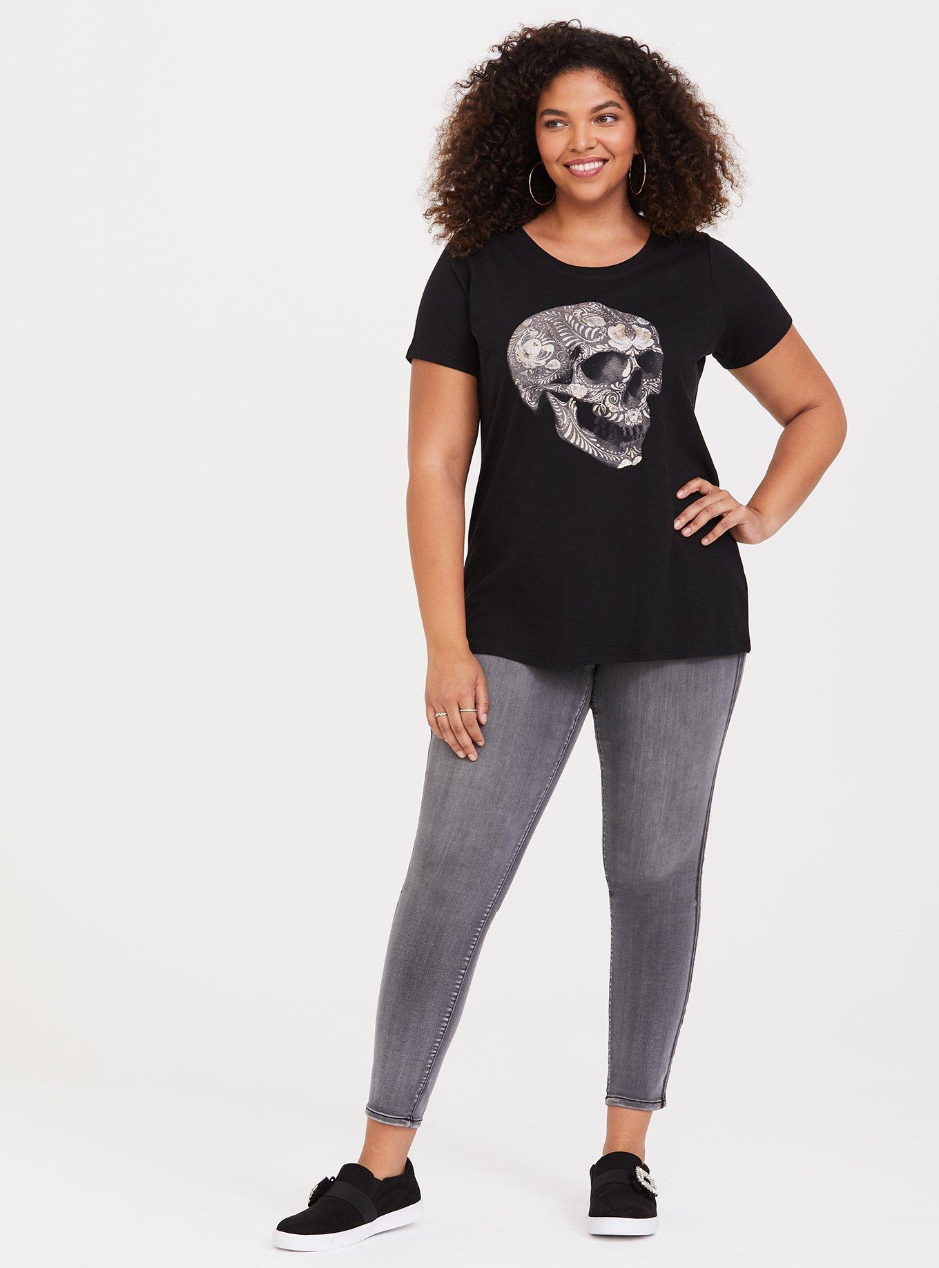 Black Floral Skull Crew Neck Tee, , alternate