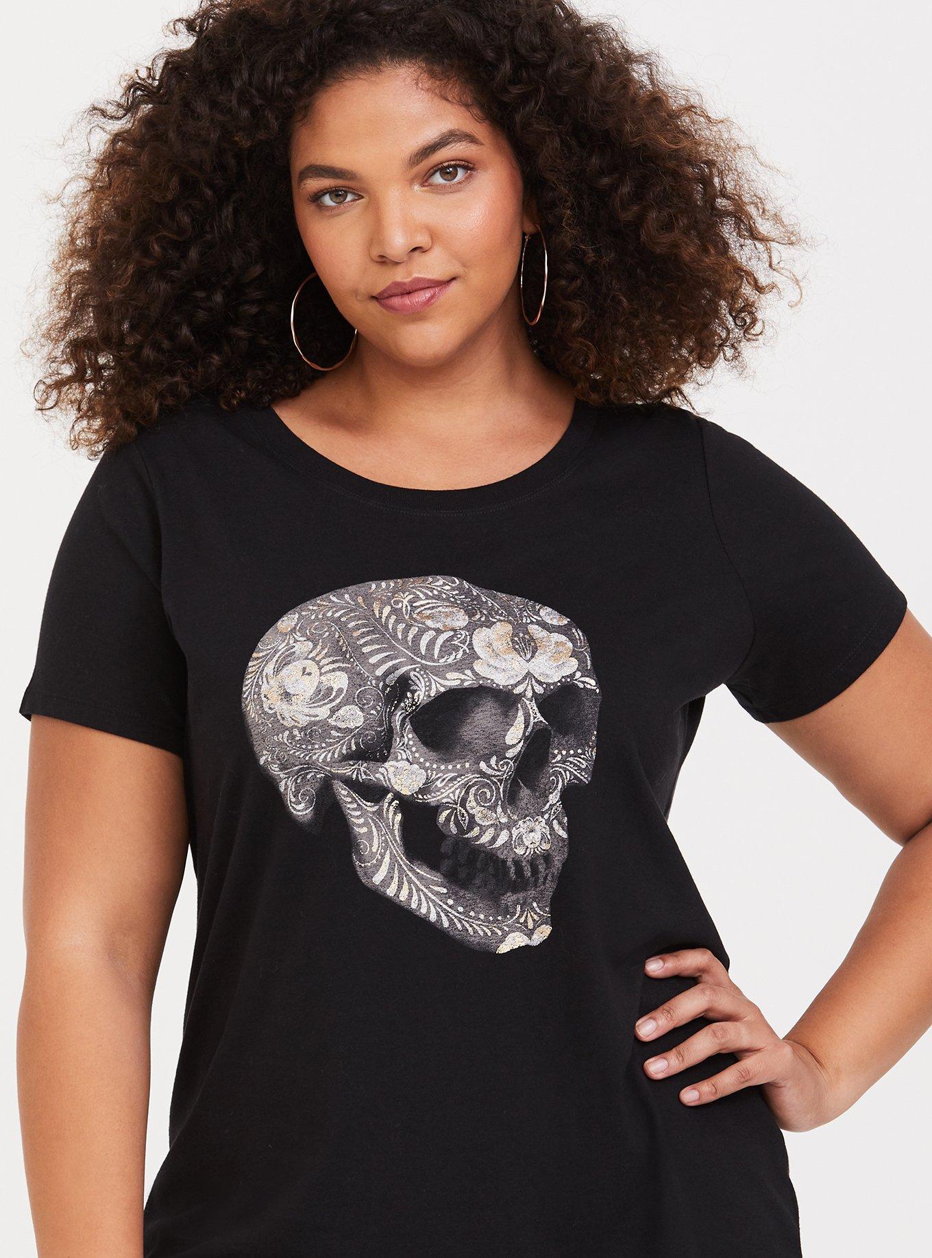 Black Floral Skull Crew Neck Tee, , alternate