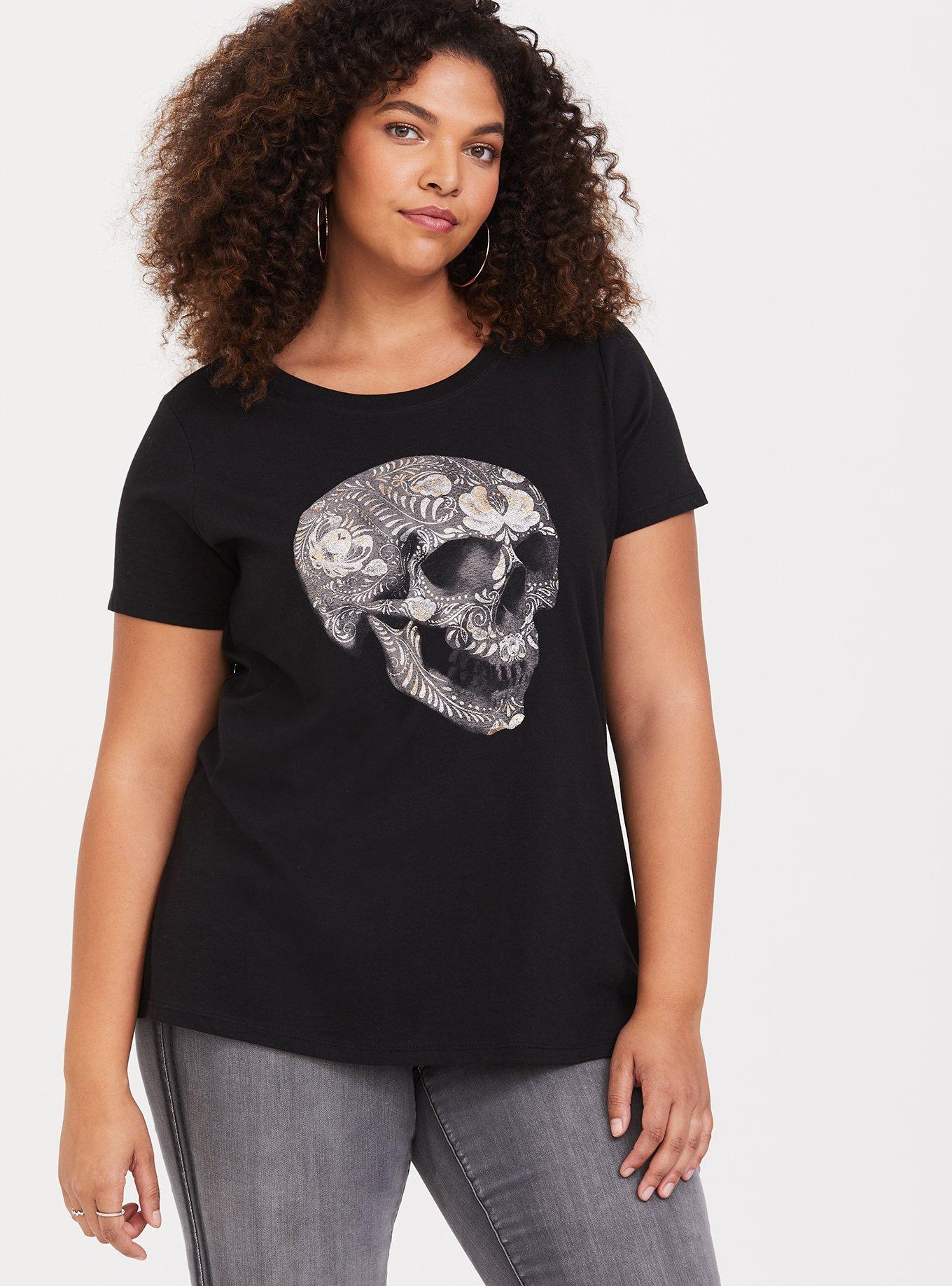 Black Floral Skull Crew Neck Tee, , hi-res